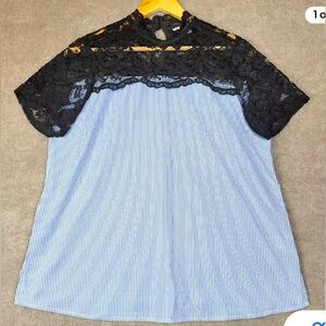 Valerie Stevens blue/white pinstriped short sleeve top lace detail and mock neck